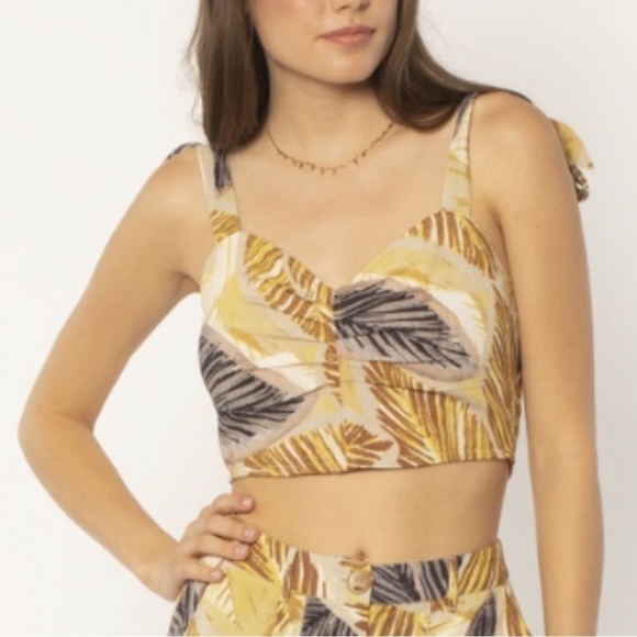 Amuse Society Wes Woven Crop Top w/ Tie Straps - Yellow Tropical - Picture 1 of 8